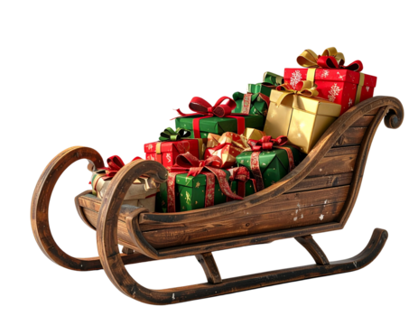 Holiday Delivery — Wooden Sleigh with Gift Boxes on Transparent Background