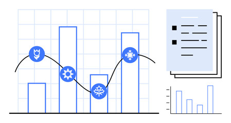 Bar chart with seasonal icons on line graph, additional small graph, and documents. Ideal for business, data analysis, seasonality, progress, performance, presentations education simple flat