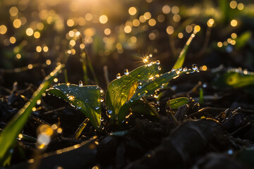 Dandelion seeds covered in dew, each droplet reflecting the bright morning light