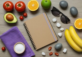 A tranquil setup for a balanced life, featuring fresh produce, yoga accessories, and a journal for mindful reflection and holistic well-being ,self-improvement ,holistic ,routine