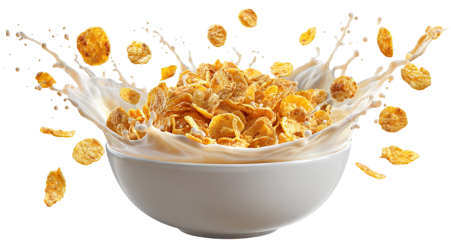 This image shows a white bowl filled with cornflakes and milk. The milk is splashing up around the bowl, and some of the cornflakes are flying into the air, suggesting motion—like the milk was just po