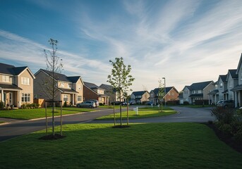 A tranquil suburban street view showcasing multiple modern family homes with well-maintained lawns, reflecting a peaceful community environment ,development ,living ,tranquil