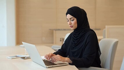 Woman in hijab working on laptop - Powered by Adobe