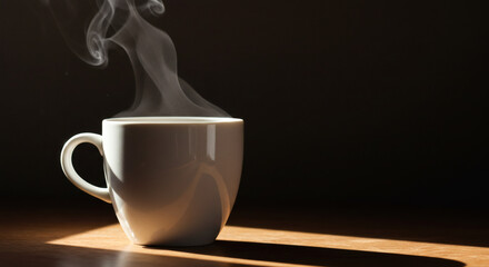 Warm, steaming mug of coffee bathed in soft morning light on a wooden surface, invoking comfort and relaxation.