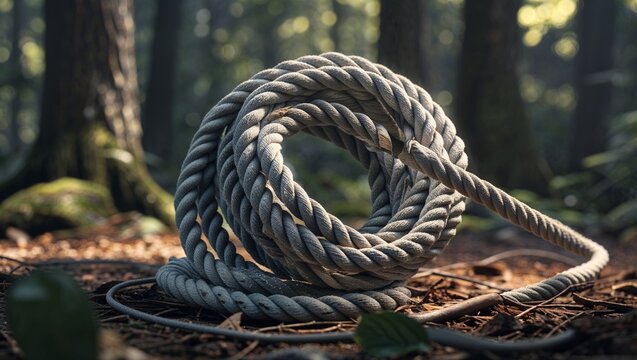 coiled climbing rope on forest floor