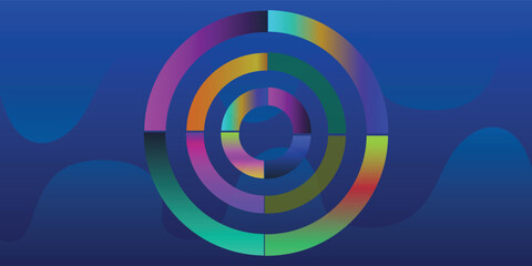 Modern abstract design with colorful segmented concentric circles on a dark blue background with subtle waves.