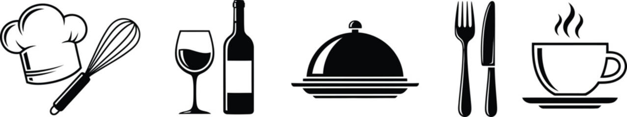 Obraz premium Collection of black and white vector icons representing culinary and dining elements