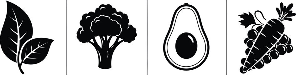 Four silhouette icons representing healthy food choices like greens broccoli avocado and grapes