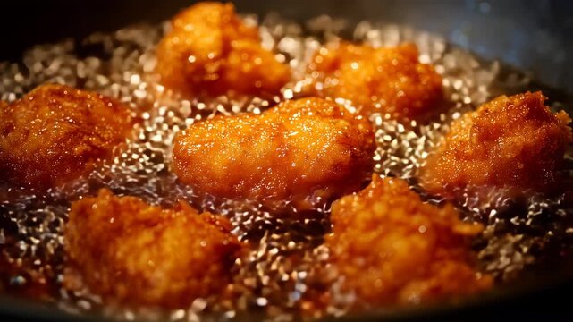 熱した鍋の油で唐揚げが泡立ちながら揚がる台所の瞬間