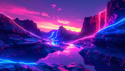 Vibrant Neon Canyon Landscape with Glowing River and Sunset Sky.