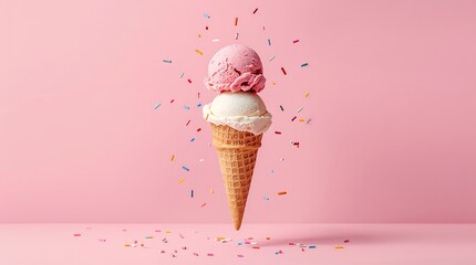 A minimalistic of a floating ice cream cone with two scoops, one pink and one white, stacked above it, and colorful sprinkles.