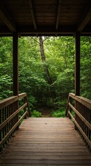 A tranquil wooden porch nestled deep within a lush, verdant woodland, offering a peaceful escape into nature's embrace ,peaceful setting ,forest ,wild