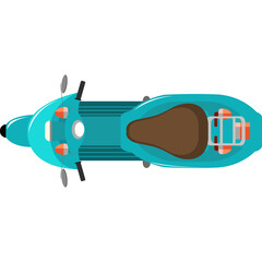 Top Down View Of A Teal Blue Scooter With A Brown Seat And Chrome Accents On A Transparent Background In Flat Design Style