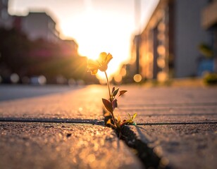 Small yellow flower pushing through the concrete, bathed in sunlight
