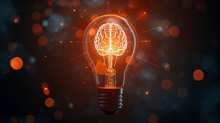 A light bulb with a digital brain hologram inside, symbolizing creativity, intelligence, and innovation.
