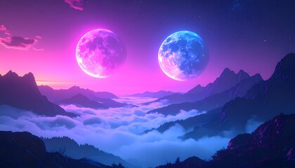 Two glowing moons over a mystical mountain landscape with vibrant pink and blue hues.