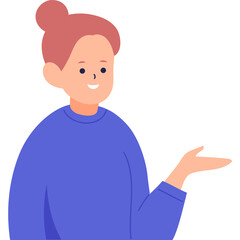 Woman In Blue Sweater With Light Skin And Red Hair Bun Gesturing With Hand And Smiling On Transparent Background