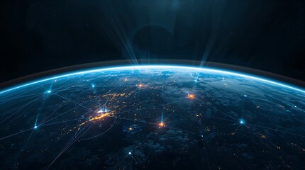 A futuristic scene of planet Earth glowing in deep space. Digital network lines and glowing connection points wrap around the Earth, symbolizing global communication, technology, and data exchange.