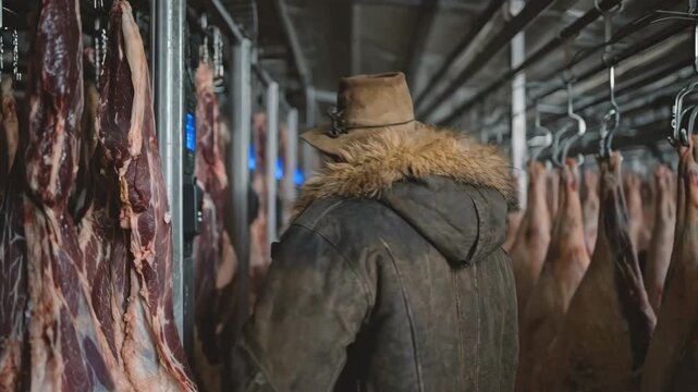 Medium shot of a farmer scanning meat packages with an RFID reader to ensure product traceability from farm to store shelf.