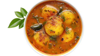 This image shows a bowl of South Indian idlis served with sambar. The idlis are soft, white, round steamed rice cakes placed in a flavorful, spicy lentil-based curry garnished with mustard seeds, curr