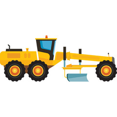 Yellow Heavy Duty Grader Vehicle with Large Wheels and Blue Cab on Transparent Background