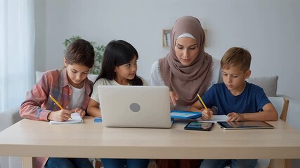 Woman teaching children with laptop - Powered by Adobe