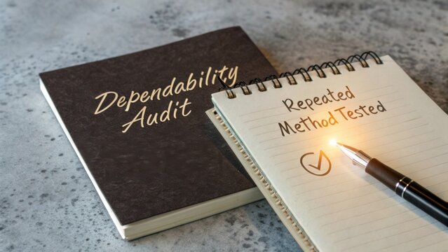 Notebook and pen on a concrete surface for dependability audit and method testing concept in a modern office workspace