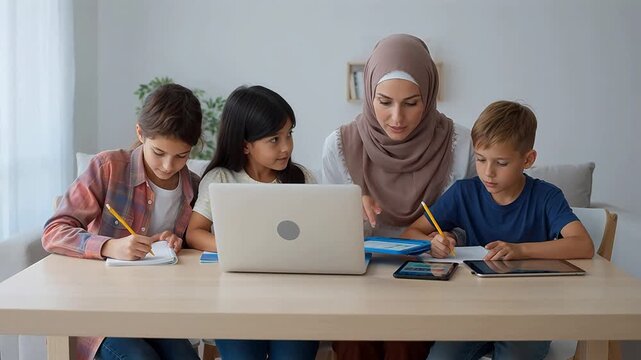 Woman teaching children with laptop - Powered by Adobe