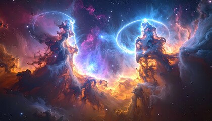 Vibrant Cosmic Nebula with Glowing Gas and Dust Clouds in Deep Space.