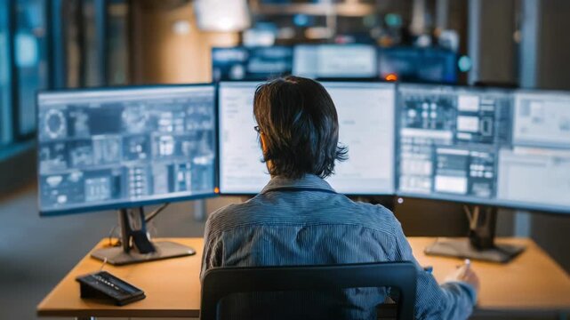 Tech specialist monitoring semiautomated data processing systems balancing human oversight with machine speed to optimize productivity.