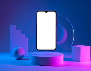 Smartphone mock-up surrounded by geometric shapes, neon lighting