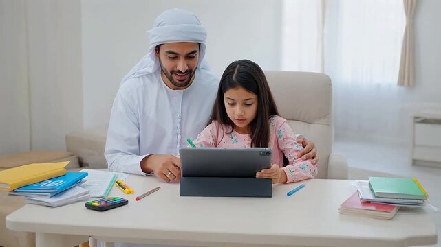 Man and girl using tablet for learning