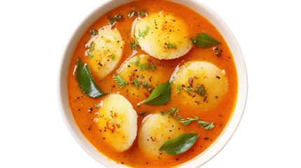This image shows a bowl of South Indian idlis served with sambar. The idlis are soft, white, round steamed rice cakes placed in a flavorful, spicy lentil-based curry garnished with mustard seeds, curr