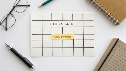 Organized Ethics Grid with a Focus on Applying Principles Surrounded by Office Supplies on a Minimalist Workspace