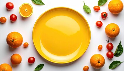 Top down view of a bright yellow plate surrounded by fresh oranges and ripe red cherry tomatoes scattered on a clean white background with green leaves
