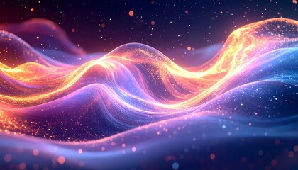 Fototapeta premium Vibrant Abstract Wavy Light Particles Flowing in a Dark Space.