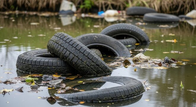 Used tires polluting water, with several car tires floating in dirty river. Tires left in water damage environment, and create water pollution. Tires in water symbolize ecology problems,