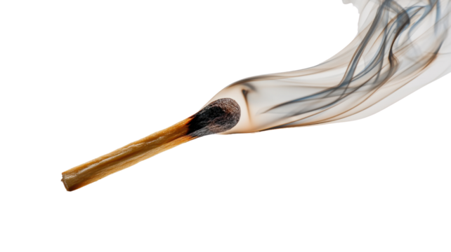 The image shows a piece of a burnt stick, likely Palo Santo, with smoke rising from the charred end on white background 