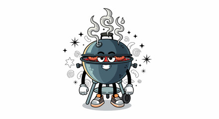Smoky barbecue grill mascot character with a confident expression.