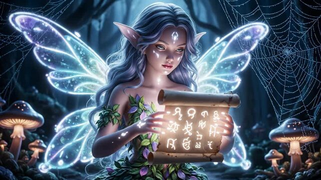 Fantasy fairy reading scroll in mystical forest glowing wings