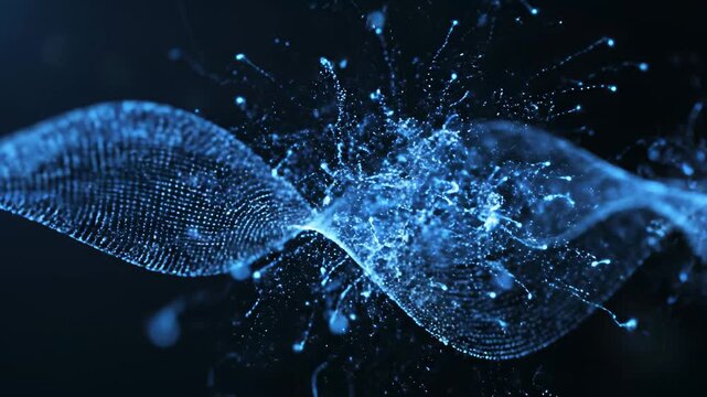 Blue wave of light radiates against a black background, intersected by DNA structure, as blue bird soars freely above, capturing dynamic innovation and creative progress, evoking freedom.