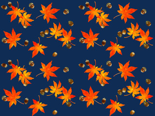 紅葉したもみじの葉っぱとどんぐりのシームレスパターン　秋の植物の手描き水彩イラスト背景素材