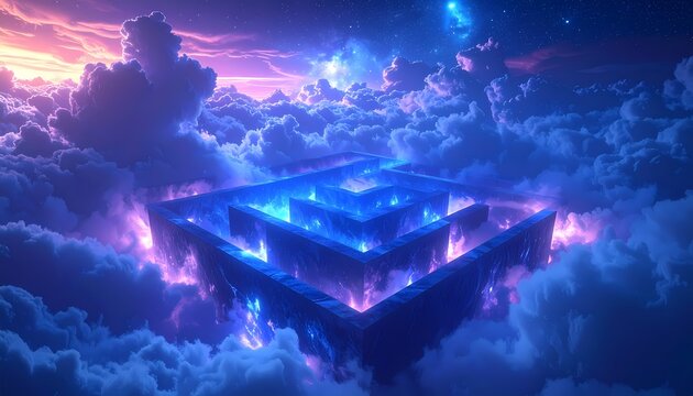 Mystical Floating Labyrinth in Ethereal Cloudscape with Glowing Neon Lights.