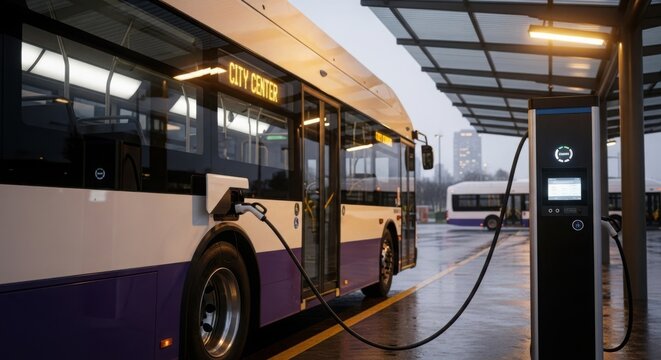 Electric bus at charging station with cable connected to charging point, power supply. Electric bus demonstrates eco-friendly transportation technology, renewable energy source for transportation.