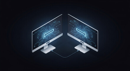 Minimalist Diverse Remote Team Working Illustration with Dual Connected Monitors