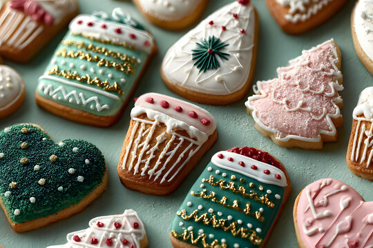 Decorated Christmas Cookies on Mint Green Background