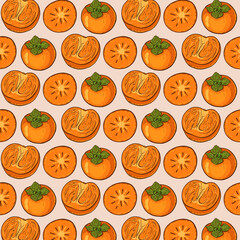 Persimmon Fruit Seamless Pattern. Hand drawn Vector Illustrations