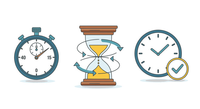 Elegant time management tools for productivity and efficiency, including stopwatch, hourglass, and clock with checkmark for deadlines and task completion