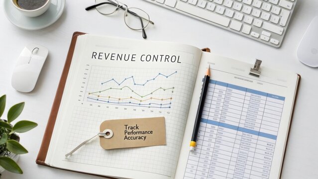 Revenue Control Strategy with Graphs, Data Sheets, and Office Supplies for Performance Tracking and Business Management
