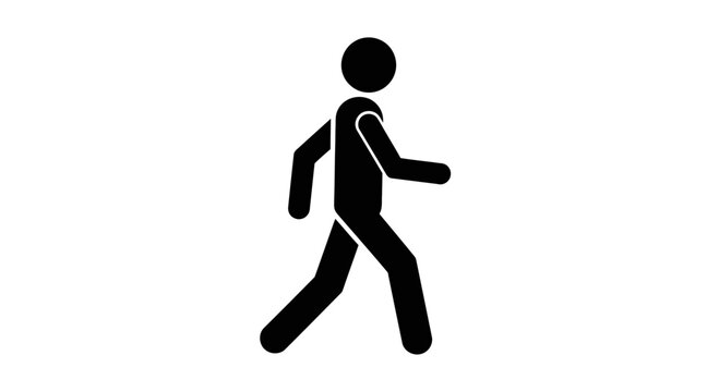 Simple black icon of a walking person conveys movement, direction, and accessibility for wayfinding, health, and pedestrian safety initiatives